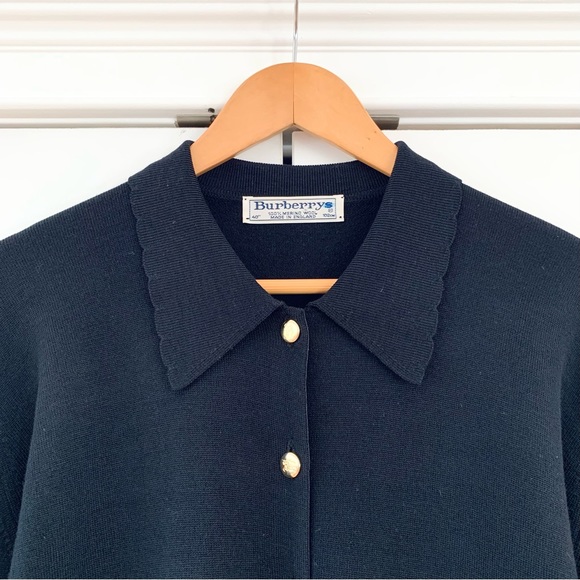Burberry Vtg Cardigan Sweater Wool Logo Buttons Scalloped Collar 40” Size M ? - Picture 2 of 9